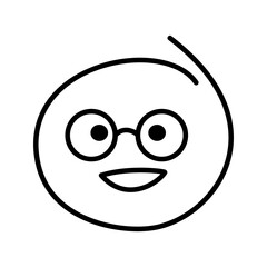 Black and white drawing of a laughing good-natured emoticon, smiley bespectacled man wearing round glasses with open eyes