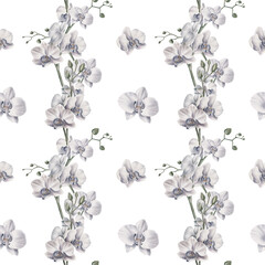 White orchid flowers in a seamless pattern with orchid branches and individual flowers on a white background. Tropical plants. Watercolor illustration. For cloth, tablecloth, silk scarf, stoles.