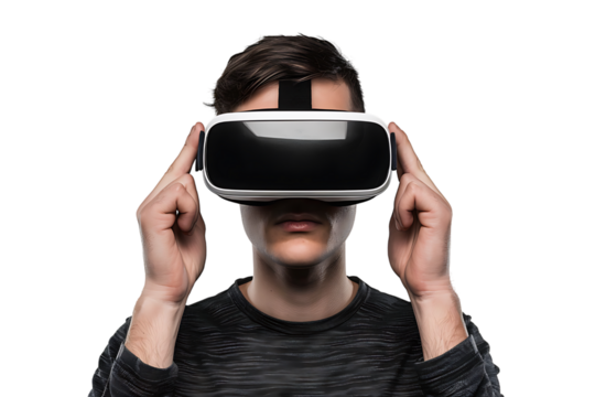 Caucasian male wearing virtual reality headset on isolated transparent background