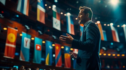 Corporate leader giving a motivational speech, flag banners of multinational companies, grand stage, YouTube thumbnail