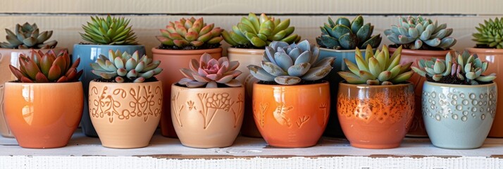 Colorful Assortment of Succulent Plants in Decorative Pots on Shelf.