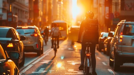 A cyclist navigating through congested city streets, promoting eco-friendly transportation...