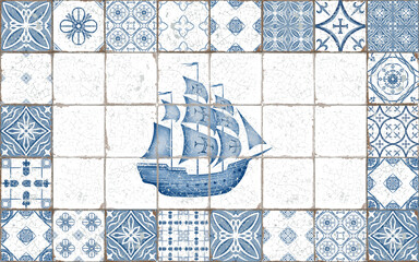 An old sailing ship simple silhouette framed in a Mediterranean-inspired tile chipped and scratched in monochrome colors blue and white. Illustration for printing, stickers,borders,wallpaper,websites