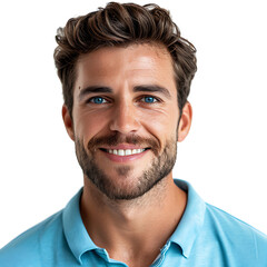 Obraz premium Close up portrait of young smiling handsome man in blue polo shirt on isolated transparent background
