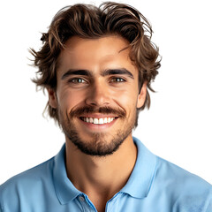 Fototapeta premium Close up portrait of young smiling handsome man in blue polo shirt on isolated transparent background