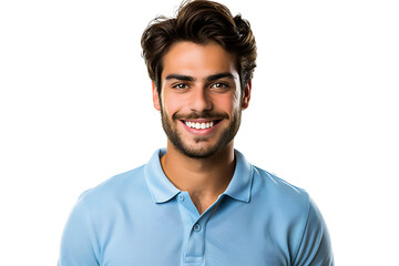 Close up portrait of young smiling handsome man in blue polo shirt on isolated transparent background