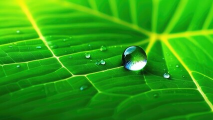 Large beautiful drop of transparent rain water on a green leaf macro. Drops of dew in the morning glow in the sun. Beautiful leaf texture in nature. Natural background, copy space