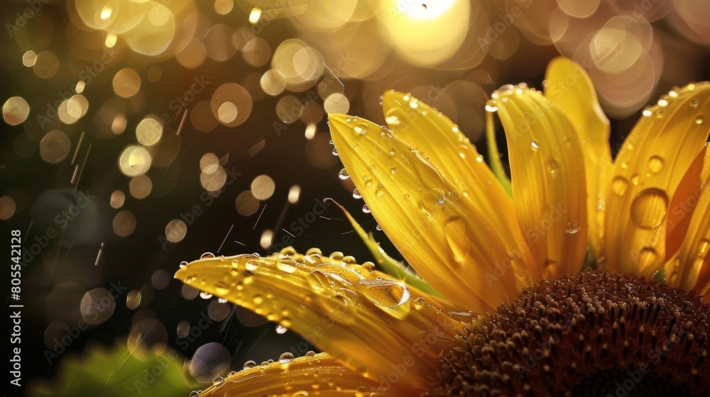 Poster a dynamic shot capturing raindrops falling on the vibrant petals of a sunflower, creating a mesmeriz