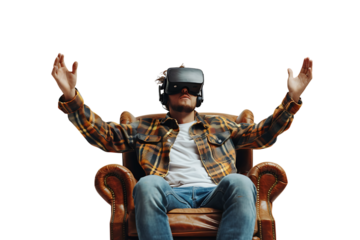 Caucasian male wearing virtual reality headset and sitting on chair on isolated transparent background