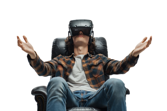 Caucasian male wearing virtual reality headset and sitting on chair on isolated transparent background