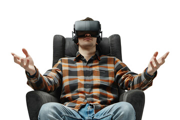 Caucasian male wearing virtual reality headset and sitting on chair on isolated transparent background