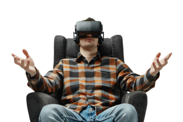 Caucasian male wearing virtual reality headset and sitting on chair on isolated transparent background