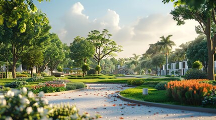 Obraz premium Create a realistic 3D rendering of a park. Include a winding path, lush trees, and colorful flowers. Make the scene look inviting and peaceful.
