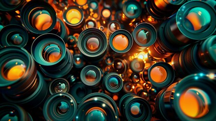 photography camera lenses pattern, collection of video and photo equipment set, technology background
