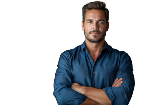 portrait of young handsome man in blue shirt on isolated transparent background
