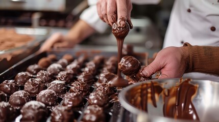 A person is making chocolate covered doughnuts