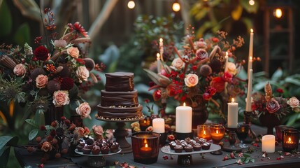 A table is set with a variety of desserts and candles, creating a warm and inviting atmosphere. The desserts include cakes and pastries, while the candles provide a soft, flickering light
