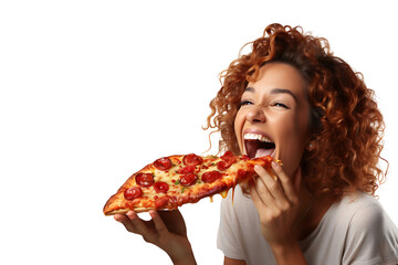 Hungry woman eating pizza on isolated transparent background