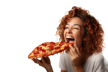 Hungry woman eating pizza on isolated transparent background