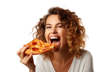 Hungry woman eating pizza on isolated transparent background