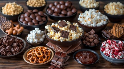 A table full of various snacks including popcorn, chocolate, and pretzels. The table is set up for a party or gathering, and the snacks are arranged in bowls and on plates