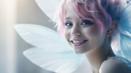 Enchanting Fairy with Pink Hair and Blue Wings Smiling