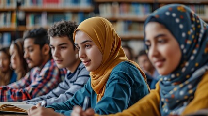 Obraz premium A group of young people sit in a library, one of whom is wearing a yellow scarf. The scene is peaceful and studious, with everyone focused on their work