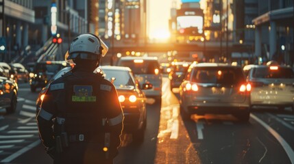 A dynamic shot of a traffic police officer directing vehicles amidst bustling city traffic, ensuring orderly movement and safety.