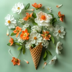 Vibrant flowers bursting from a waffle cone against a pastel background, evoking a fresh, spring concept.