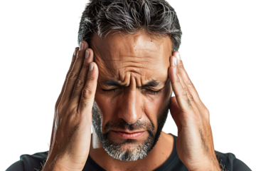 Man suffering from headache, pressing fingers to temples with closed eyes on isolated transparent background