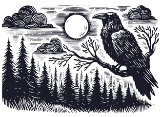Obraz premium raven in a night forest sketch
