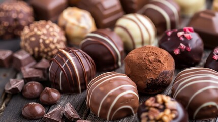 A variety of chocolate truffles are displayed on a wooden table. The truffles come in different shapes and sizes, and some are covered in chocolate