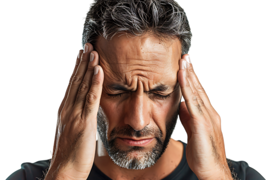 Man suffering from headache, pressing fingers to temples with closed eyes on isolated transparent background