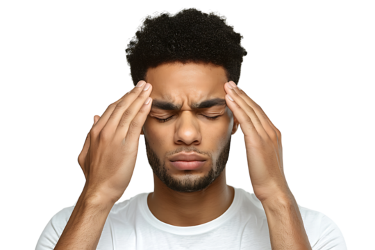 Man suffering from headache, pressing fingers to temples with closed eyes on isolated transparent background