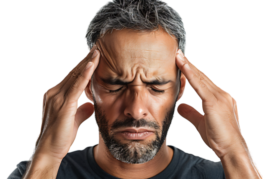 Man suffering from headache, pressing fingers to temples with closed eyes on isolated transparent background