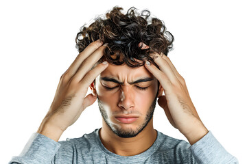 Man suffering from headache, pressing fingers to temples with closed eyes on isolated transparent background