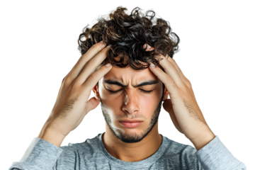 Man suffering from headache, pressing fingers to temples with closed eyes on isolated transparent background