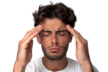 Man suffering from headache, pressing fingers to temples with closed eyes on isolated transparent background