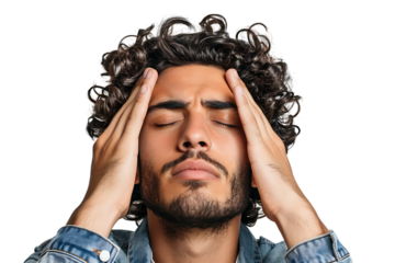 Man suffering from headache, pressing fingers to temples with closed eyes on isolated transparent background