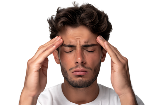 Man suffering from headache, pressing fingers to temples with closed eyes on isolated transparent background
