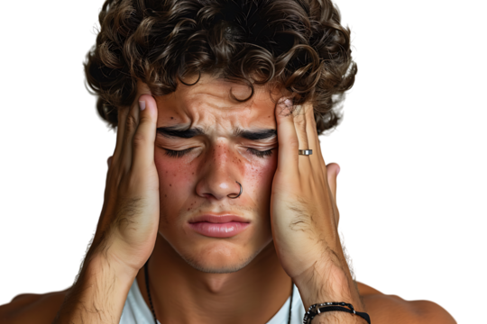 Man suffering from headache, pressing fingers to temples with closed eyes on isolated transparent background