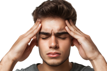 Man suffering from headache, pressing fingers to temples with closed eyes on isolated transparent background