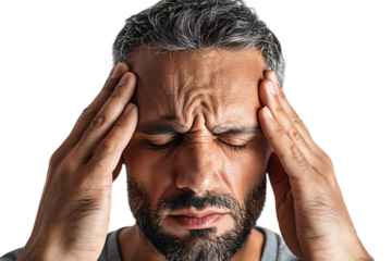 Man suffering from headache, pressing fingers to temples with closed eyes on isolated transparent background