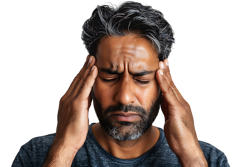 Man suffering from headache, pressing fingers to temples with closed eyes on isolated transparent background