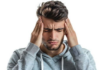 Naklejka premium Man suffering from headache, pressing fingers to temples with closed eyes on isolated transparent background