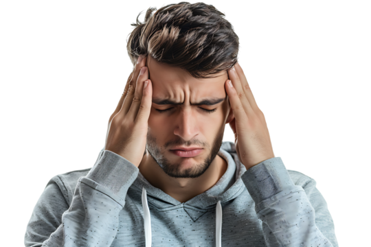 Man suffering from headache, pressing fingers to temples with closed eyes on isolated transparent background