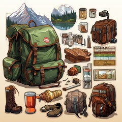 Design a sticker showcasing various hiking essentials, from boots and backpacks to trail maps and water bottles.