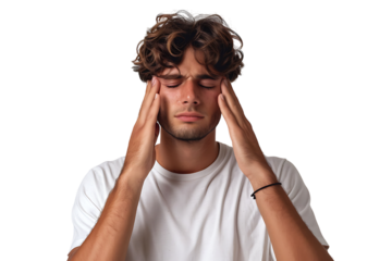 Man suffering from headache, pressing fingers to temples with closed eyes on isolated transparent background