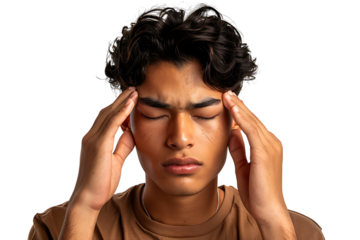 Man suffering from headache, pressing fingers to temples with closed eyes on isolated transparent background