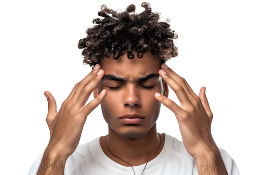 Man suffering from headache, pressing fingers to temples with closed eyes on isolated transparent background